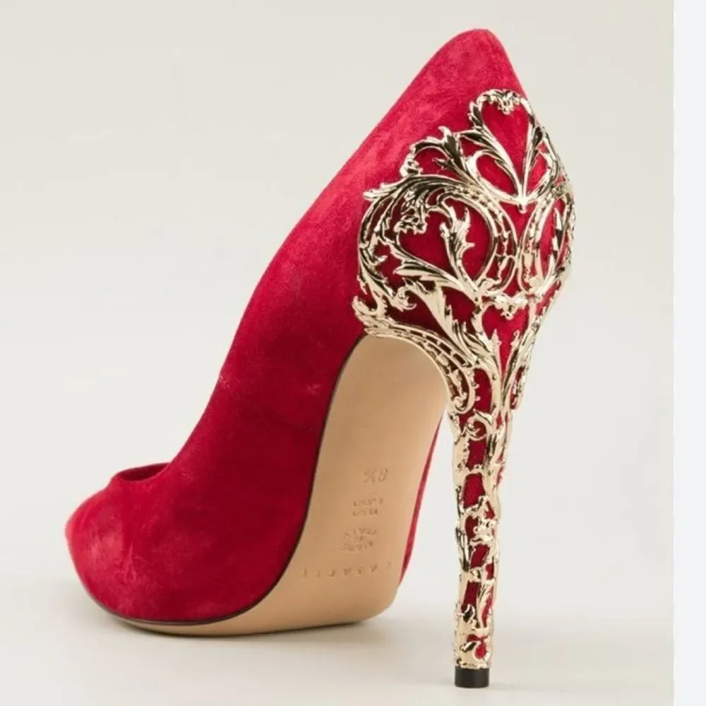 Casadei Red Suede Heels with Gold Detail